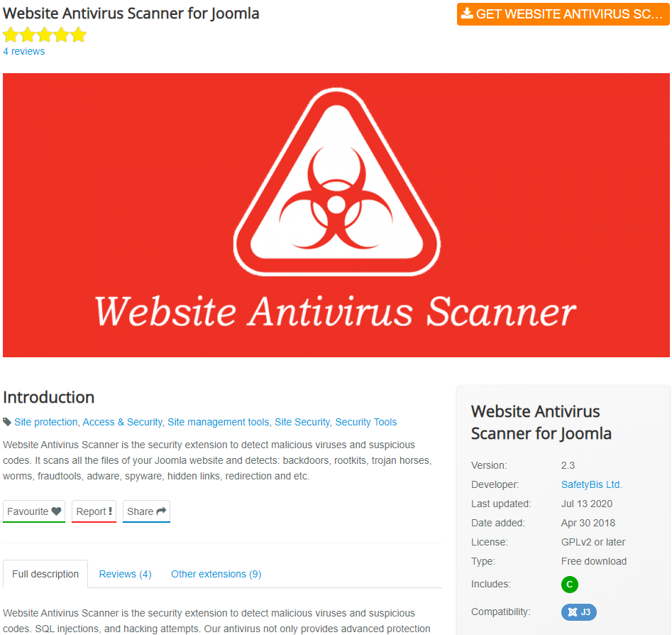 Website antivirus scanner para sitios Joomla hackeados