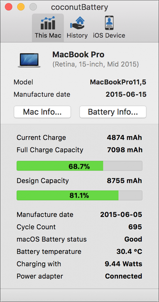 ciclo de carga de una notebook MacBook - Coconut battery app