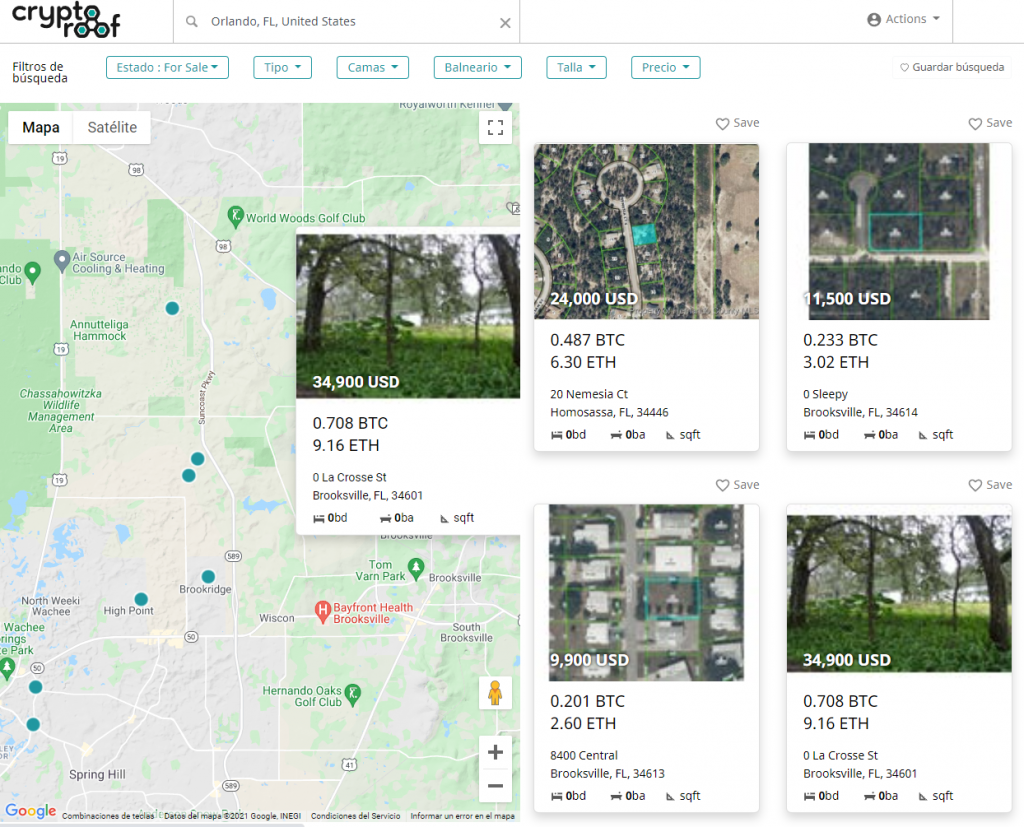 En Cryptoroof, los precios de las propiedades aparecen publicados por defecto en dólares, bitcoin y ethereum.