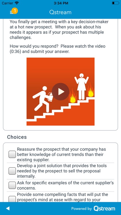 Con la app de Qstream el jugador enfrenta retos y responde preguntas basadas en un escenario.