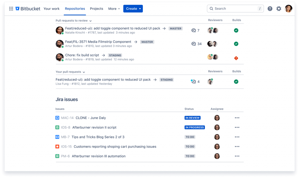 BitBucket se destaca por su sólida integración con herramientas populares para equipos de trabajo, por ejemplo, JIRA.