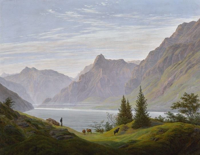 Caspar David Friedrich, Landscape with Mountain Lake, Morning, 1823-1835. Fuente: MutualArt.