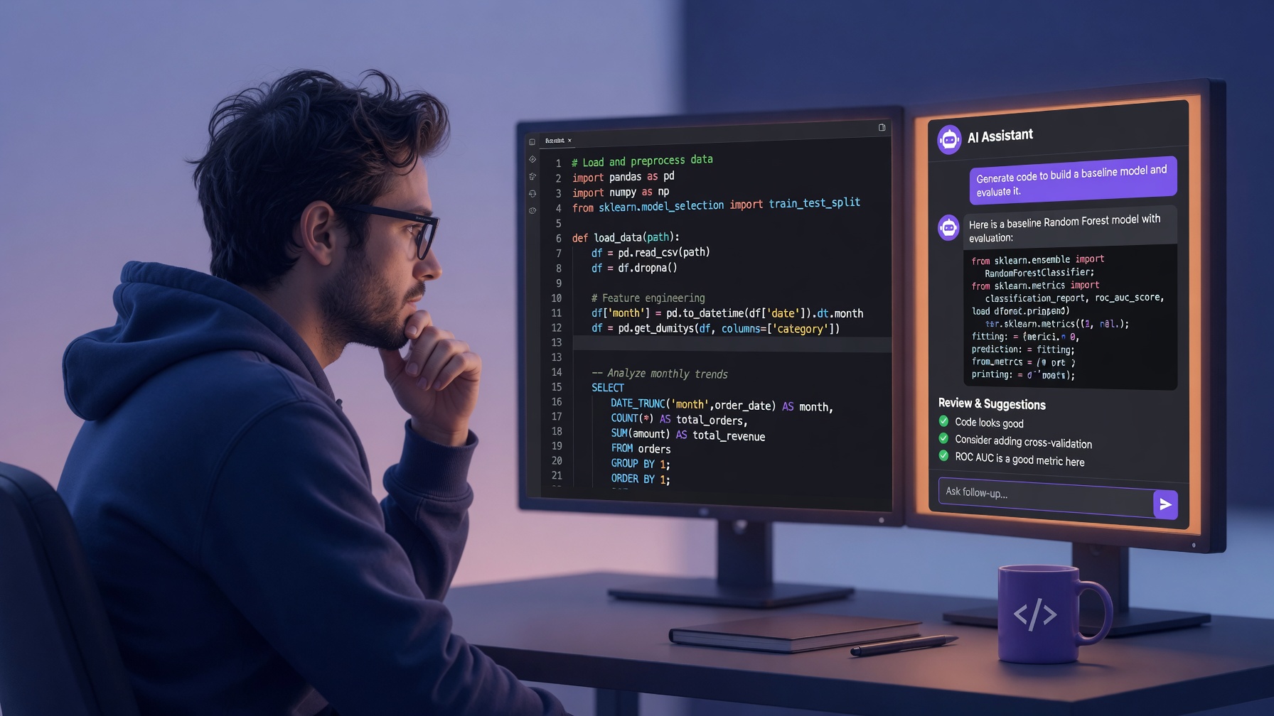 Ciencia de datos en la era de la IA – científico de datos trabajando con herramientas de inteligencia artificial