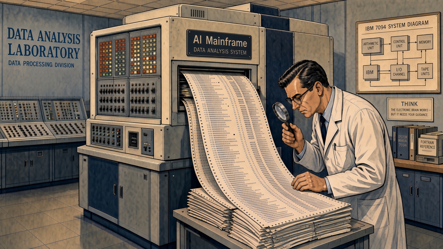Ilustración retro vintage: un laboratorio informático de los años 60. Un enorme ordenador central antiguo está generando una larga lista impresa continua de datos y código. Un ingeniero se encuentra de pie junto a él, inclinado sobre la pila de papel e inspeccionando cuidadosamente las listas con una lupa, en busca de errores. Estilo clásico de ilustración técnica, tonos azules apagados y ocres cálidos, dibujo limpio y detallado, ambiente serio y concentrado, 16:9.