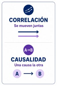 Infografía pequeña que explica la diferencia entre correlación (variables que se mueven juntas) y causalidad (una variable provoca el cambio en la otra)