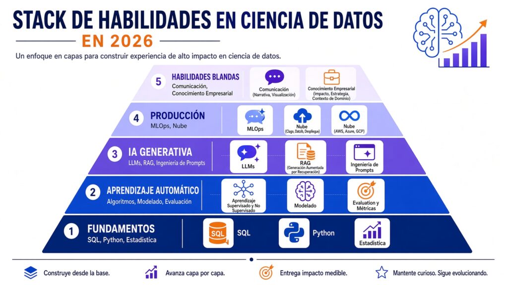 Infografía en forma de pirámide con el stack de habilidades para ciencia de datos con IA: base de SQL y Python, machine learning, IA generativa, producción y habilidades blandas