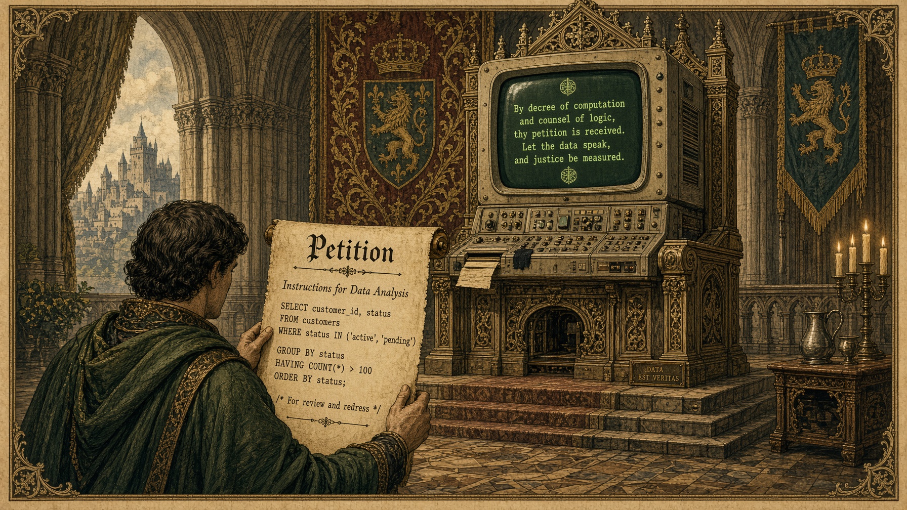 Ilustración editorial poética de estilo vintage en la que se ve a una persona desenrollando un papiro ante una computadora gigante de estilo retrofuturista. En el papel se leen instrucciones de análisis de datos, El ambiente asemeja el interior de un palacio de estilo medieval, en donde la computadora está en la posición de un noble que escucha a sus súbditos.