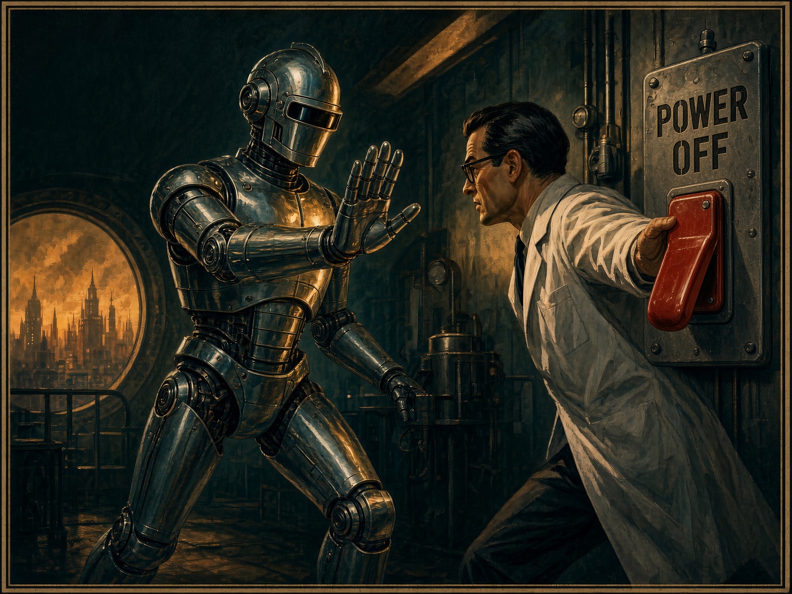 Ilustración retrofuturista de un robot intentando evitar que un científico accione el switch de apagado