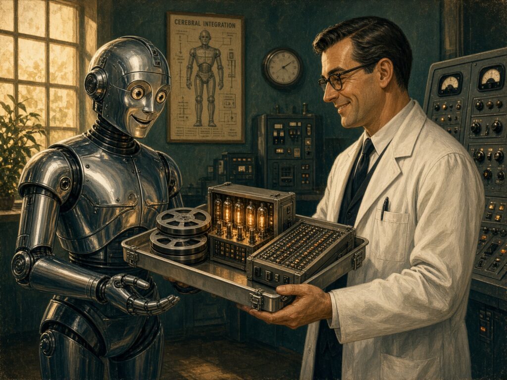 Ilustración retrofuturista de un científico entregándole a un robot una bandeja con memorias y procesadores como recompensa